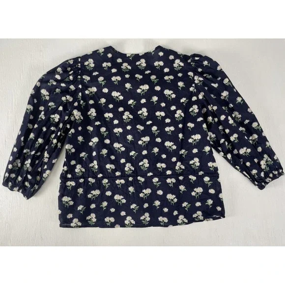 H&M Navy Yellow Daisy Floral Tie Front Blouce Puff Sleeves Top Woman's Size S - Picture 15 of 16